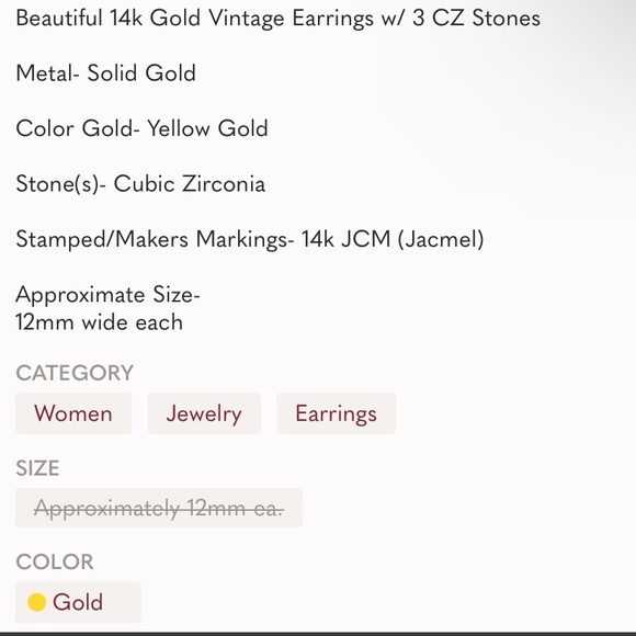 14K solid gold zirconia 3 stone earrings studs 12mm - Picture 7 of 7